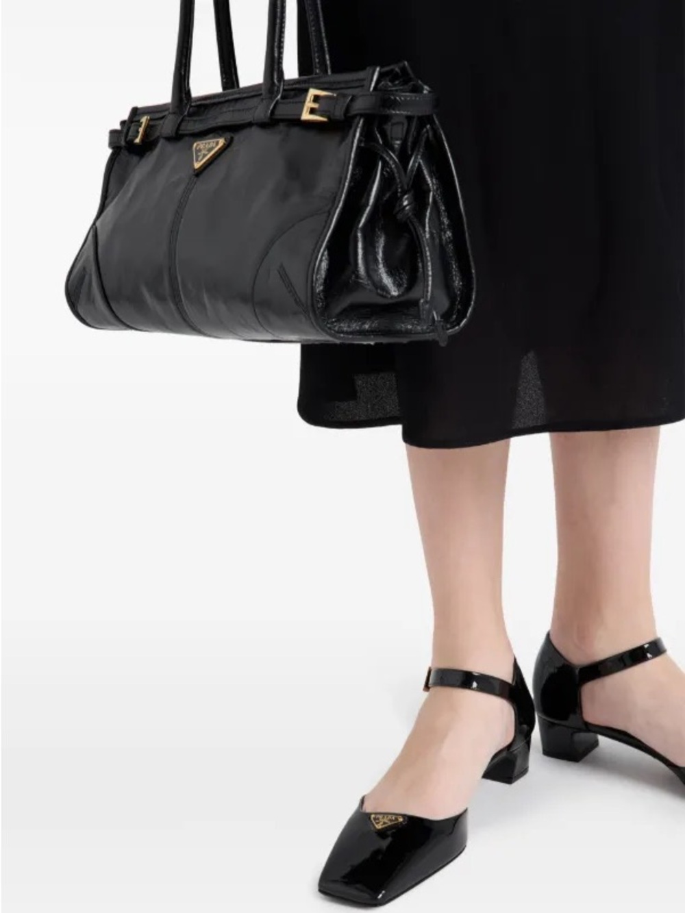 Prada Black Patent Leather Triangle Logo Mary Jane Pumps Square Toe Heel EU 40 - Picture 2 of 11